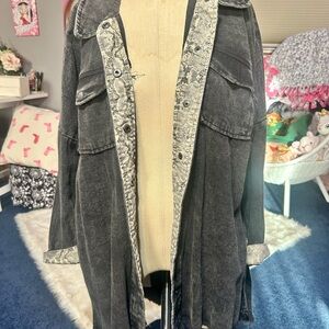 She + Sky Black Denim Jacket with Snake Print Accents